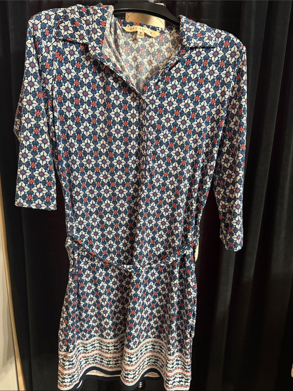 Max Studio Navy Floral Geo Print Top with Coral & Cream Accents